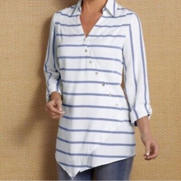 Soft Surroundings Striped Asymmetrical Button Wrap Tunic Top - Picture 2 of 13